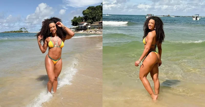 A ex-BBB Aline Patriarca exibe corpo em forma nas águas de Morro de São Paulo