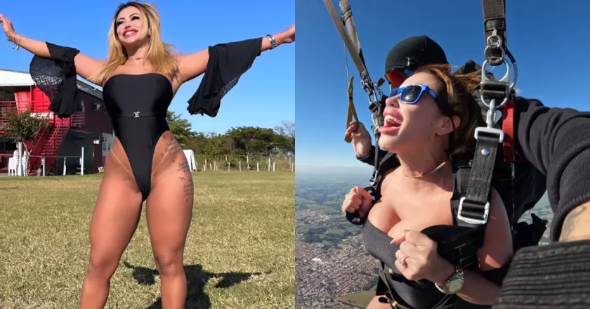 Influencer enfrenta críticas após salto de paraquedas quase sem roupa e planeja nova aventura em Londres